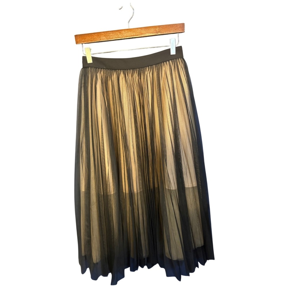 Darling Diva Black Tulle Pleated Midi Skirt Champagne Satin Lining Womens Size M